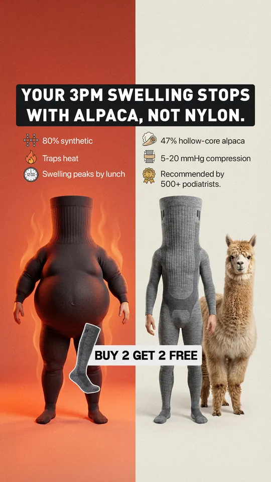 Compression socks ad: Your 3PM swelling stops with alpaca, not nylon